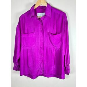 VTG Women’s Silk Button Down Top Pink fuchsia 90s  Relaxed Boxy Fit Medium